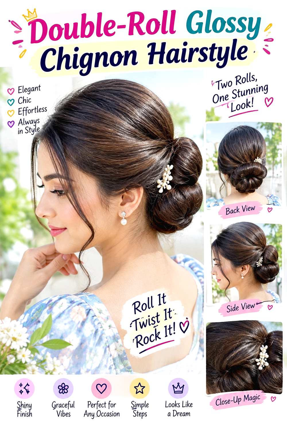 Double-Roll Glossy Chignon Hairstyle