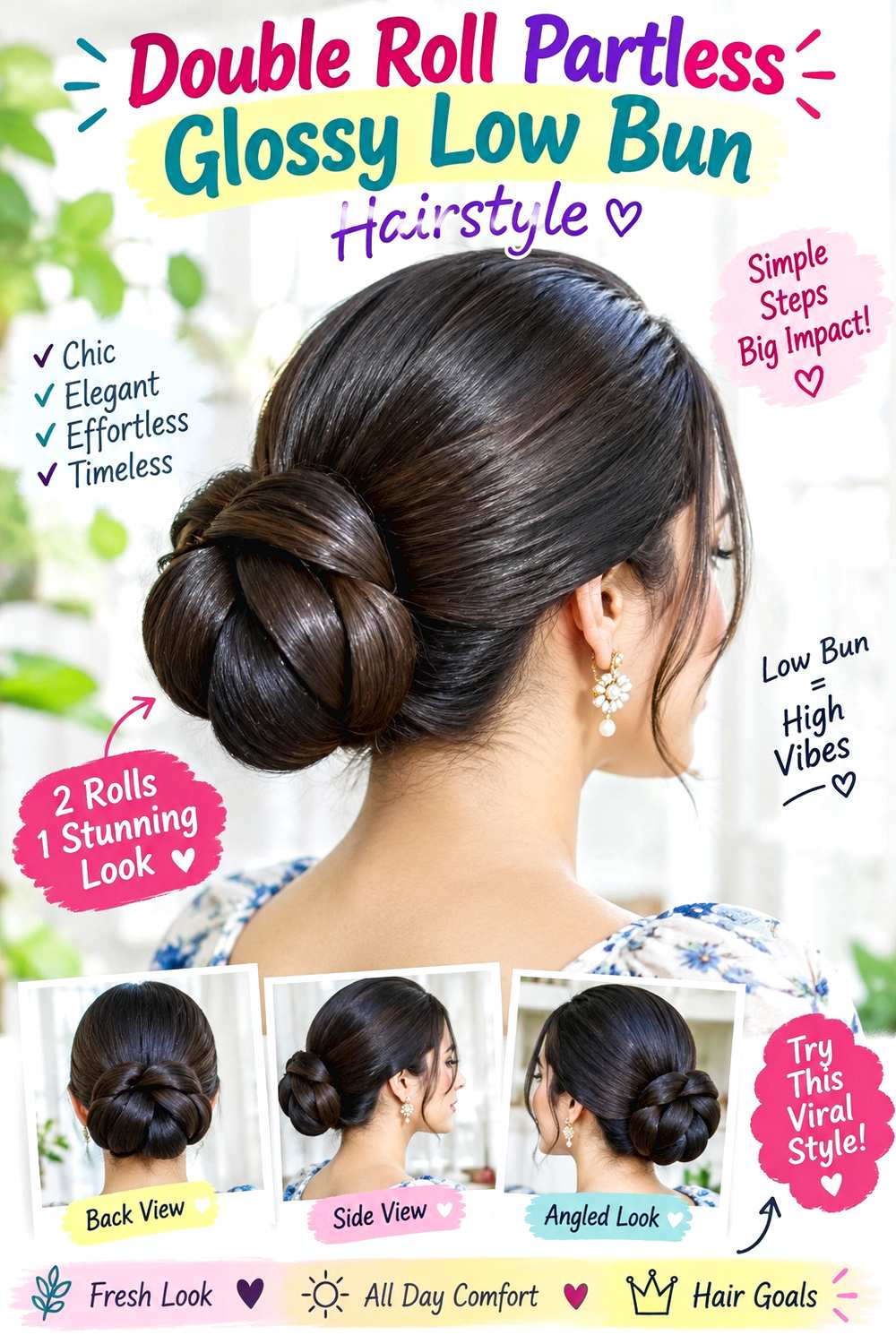 Double Roll Partless Glossy Low Bun Hairstyle