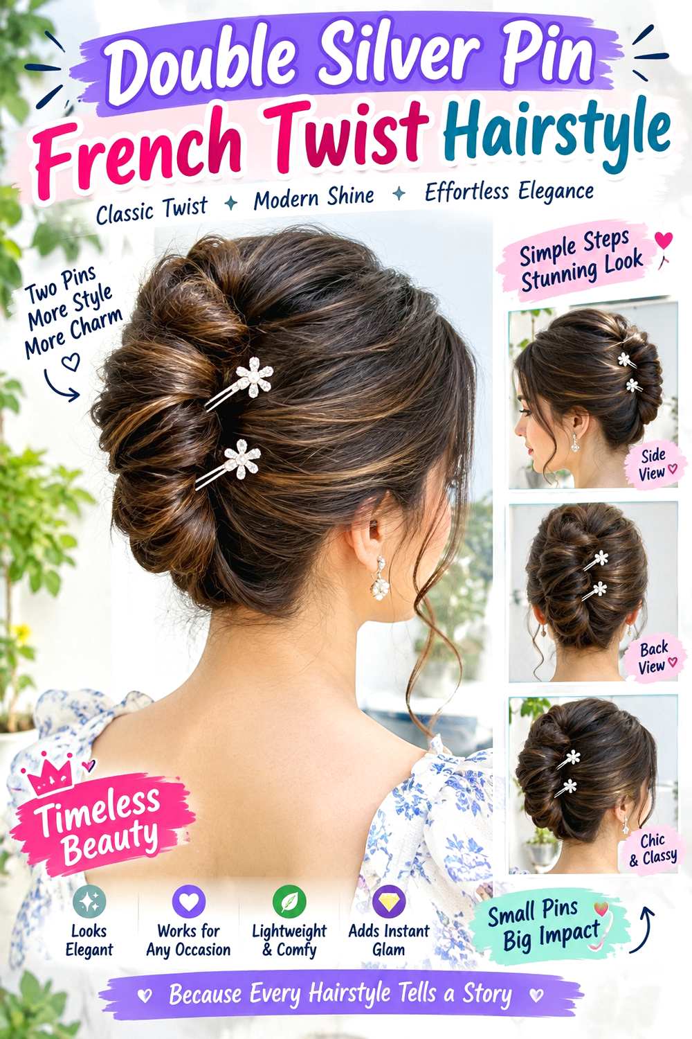 Double Silver Pin French Twist Hairstyle