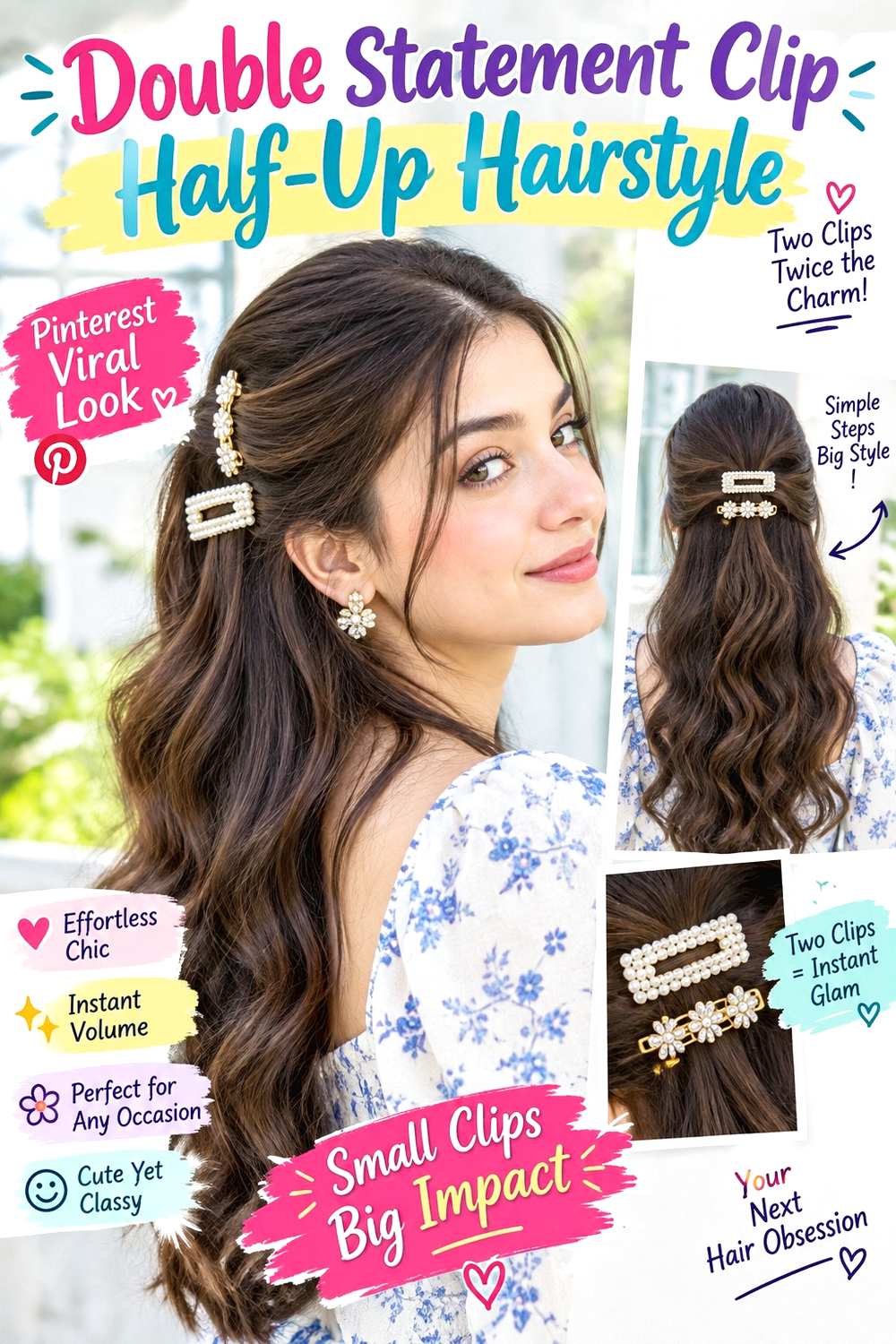 Double Statement Clip Half-Up Hairstyle