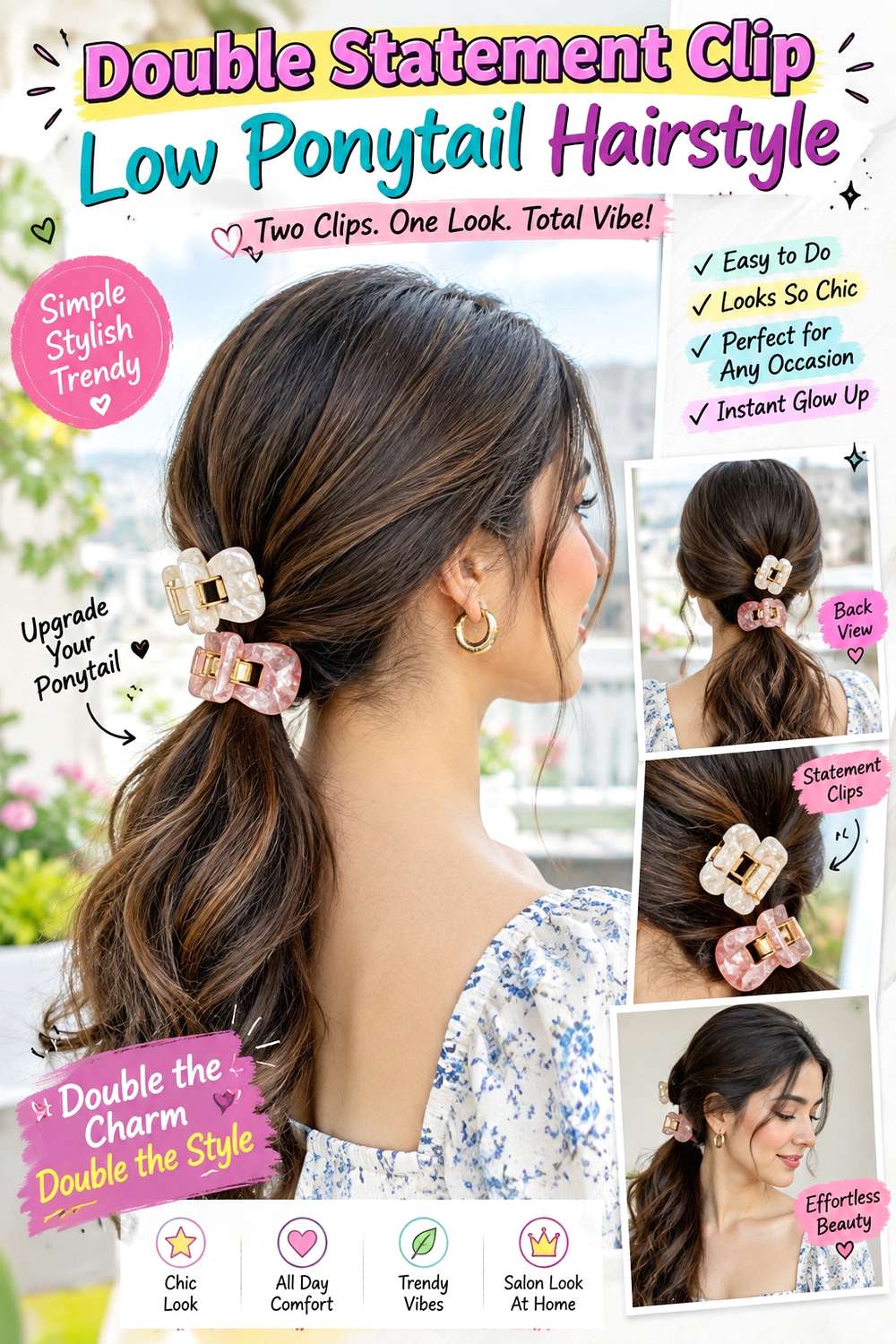 Double Statement Clip Low Ponytail Hairstyle