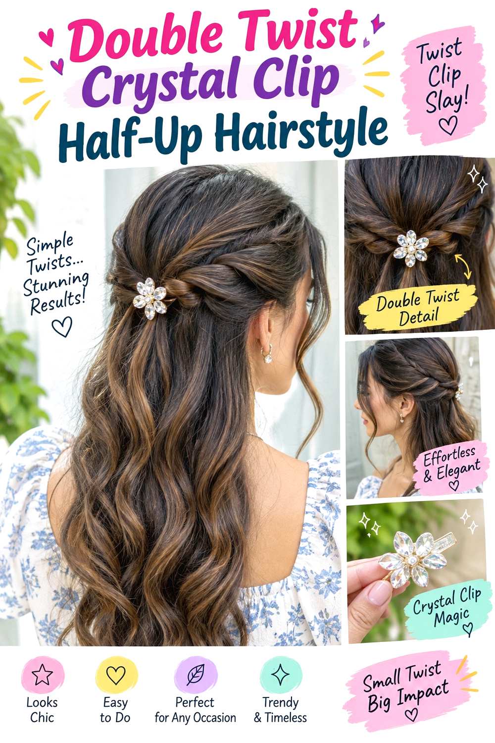 Double Twist Crystal Clip Half-Up Hairstyle