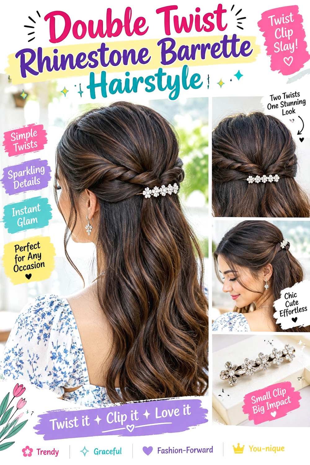Double Twist Rhinestone Barrette Hairstyle