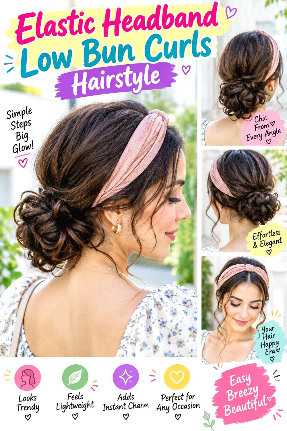 Elastic Headband Low Bun Curls Hairstyle
