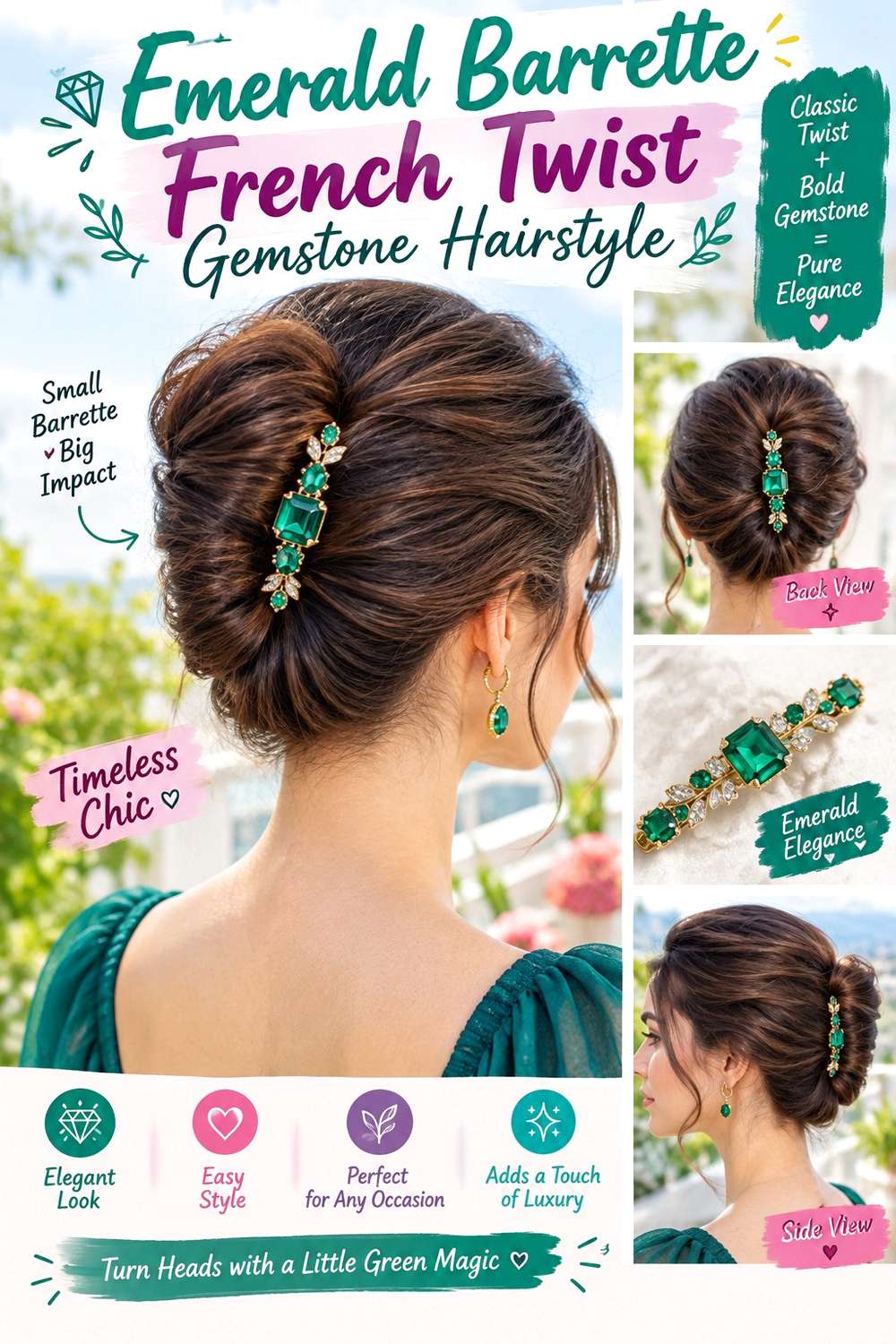 Emerald Barrette French Twist Gemstone Hairstyle