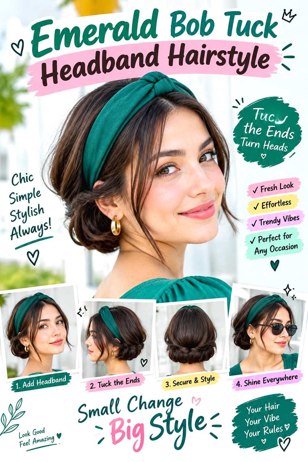 Emerald Bob Tuck Headband Hairstyle