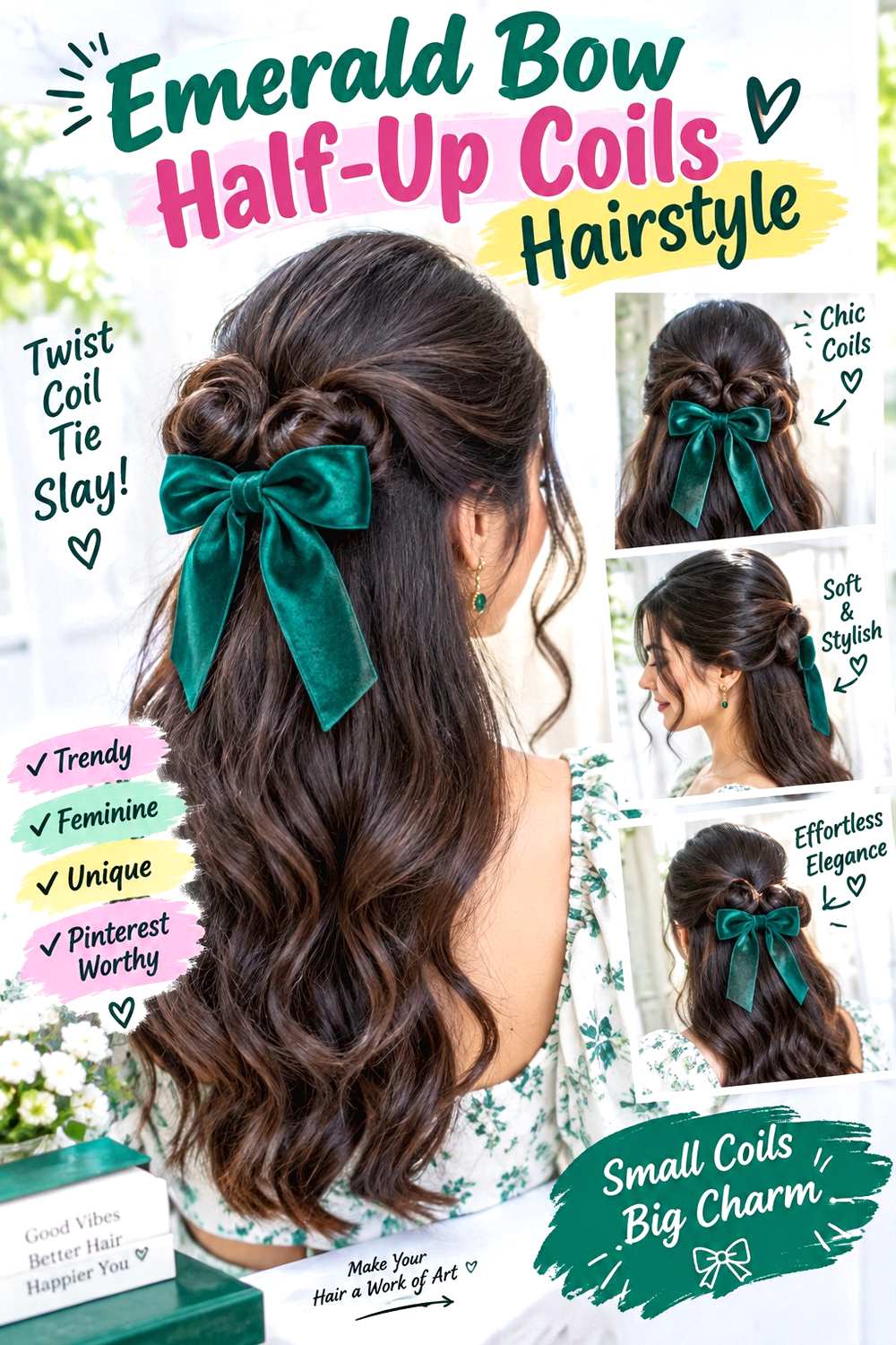Emerald Bow Half-Up Coils Hairstyle