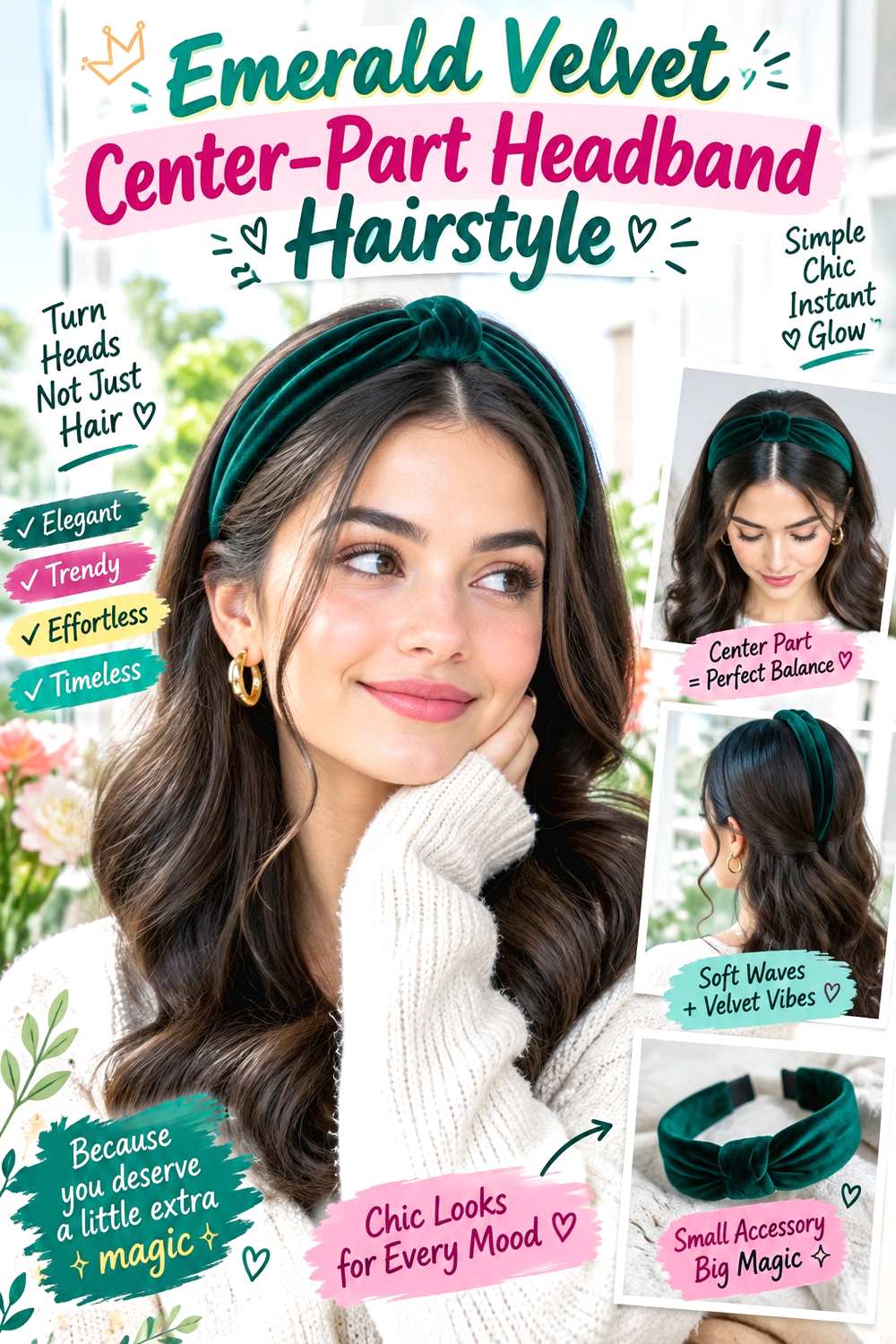 Emerald Velvet Center-Part Headband Hairstyle
