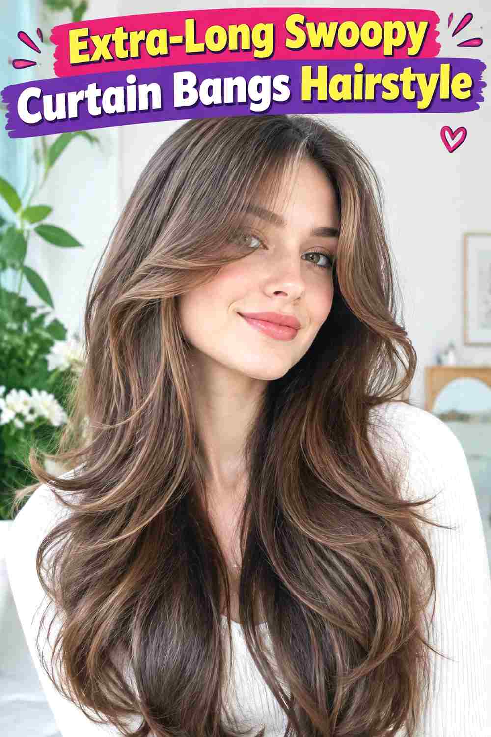 Extra-Long Swoopy Curtain Bangs Hairstyle