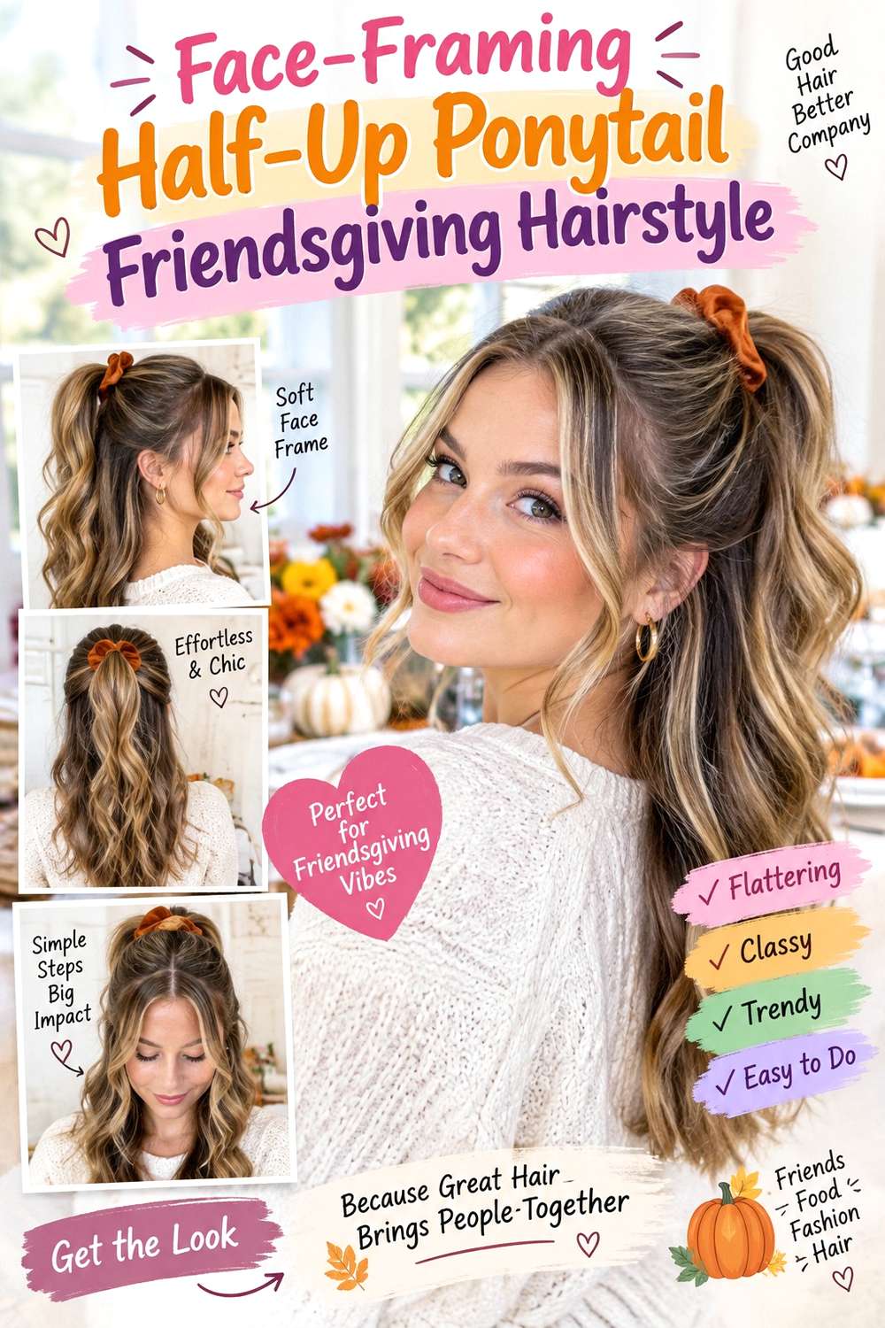 Face-Framing Half-Up Ponytail Friendsgiving Hairstyle