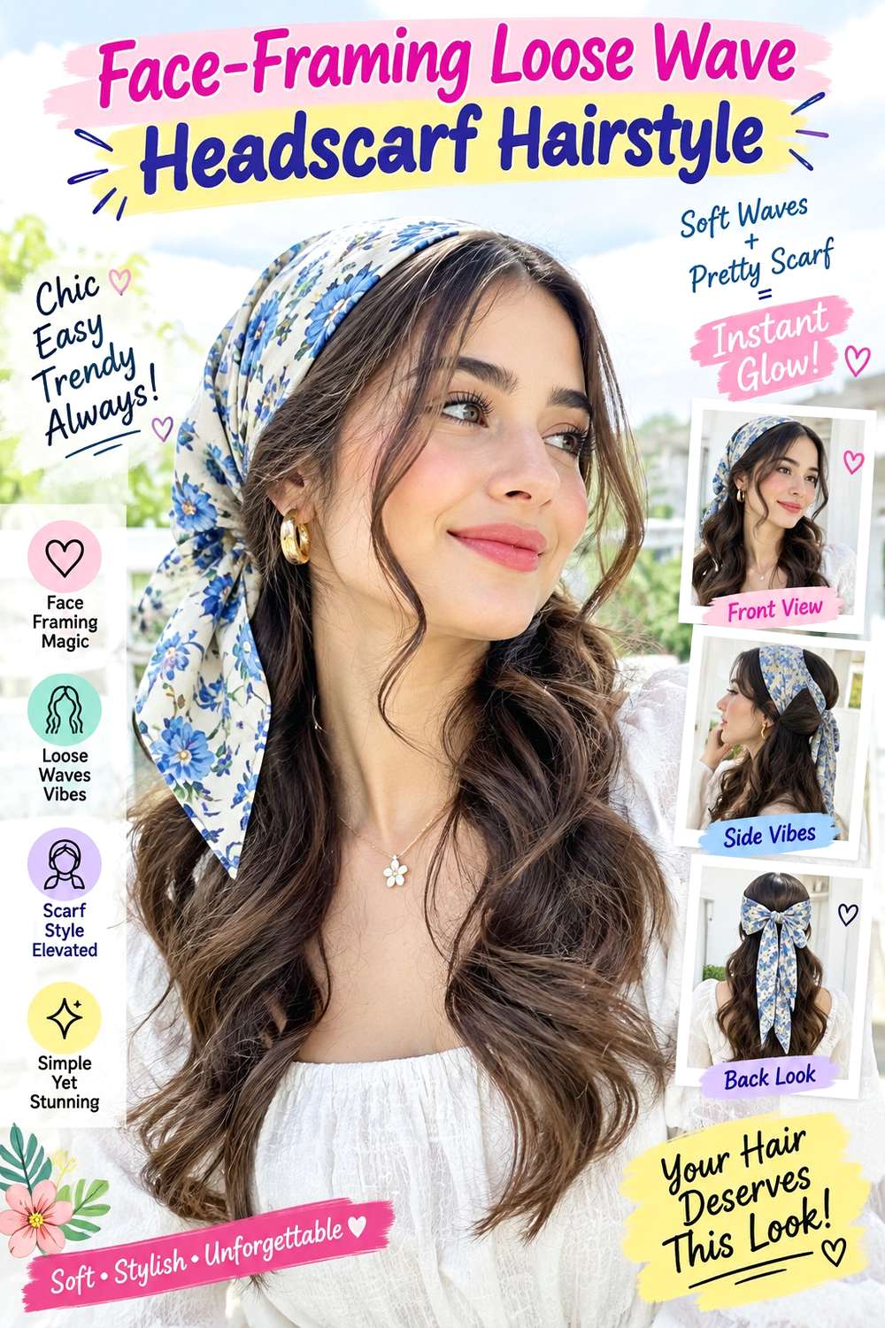 Face-Framing Loose Wave Headscarf Hairstyle