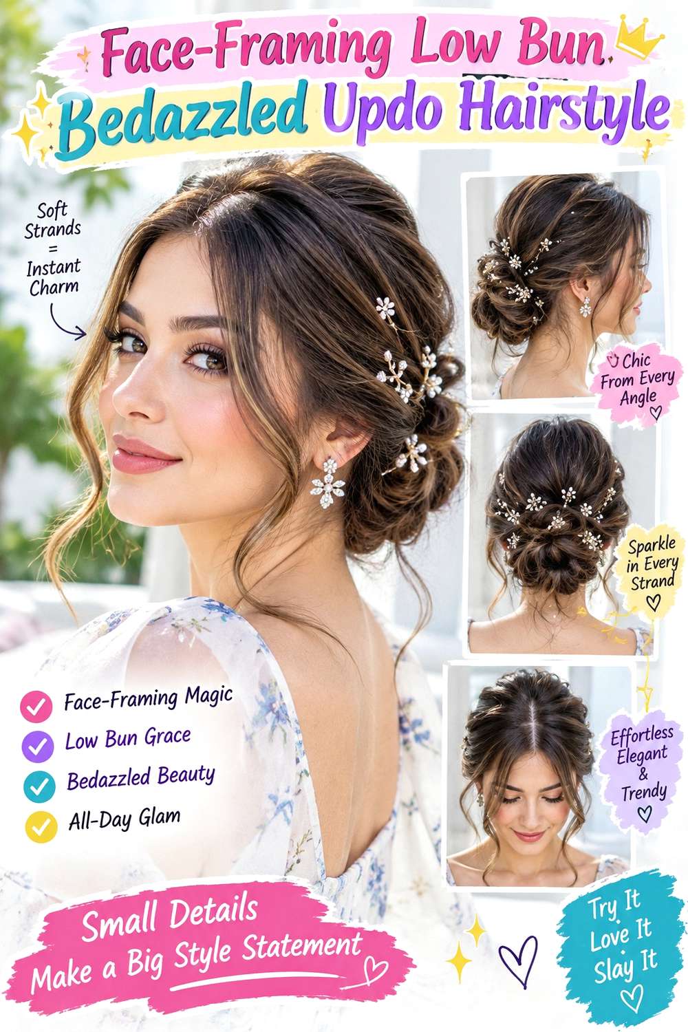 Face-Framing Low Bun Bedazzled Updo Hairstyle