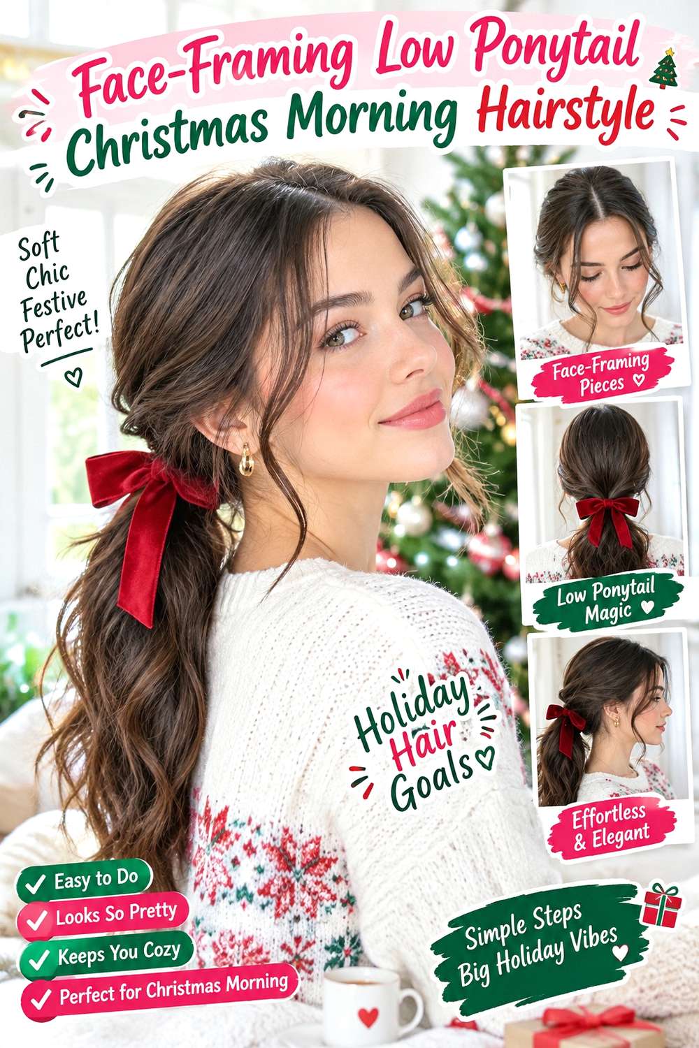 Face-Framing Low Ponytail Christmas Morning Hairstyle