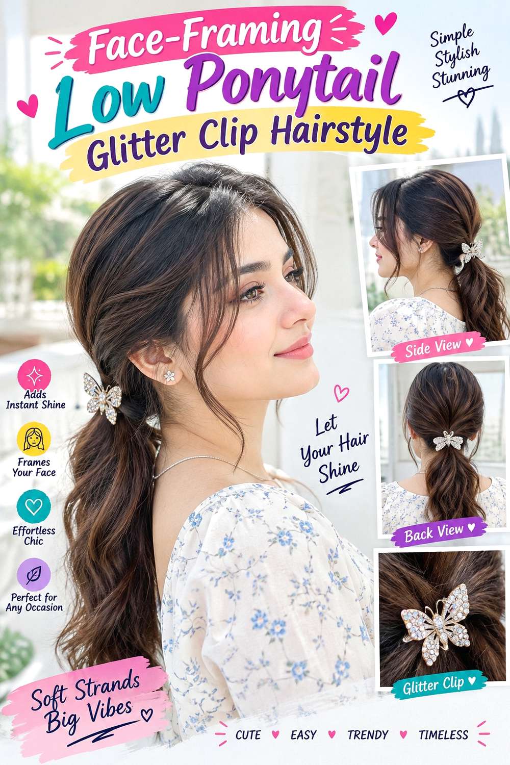 Face-Framing Low Ponytail Glitter Clip Hairstyle