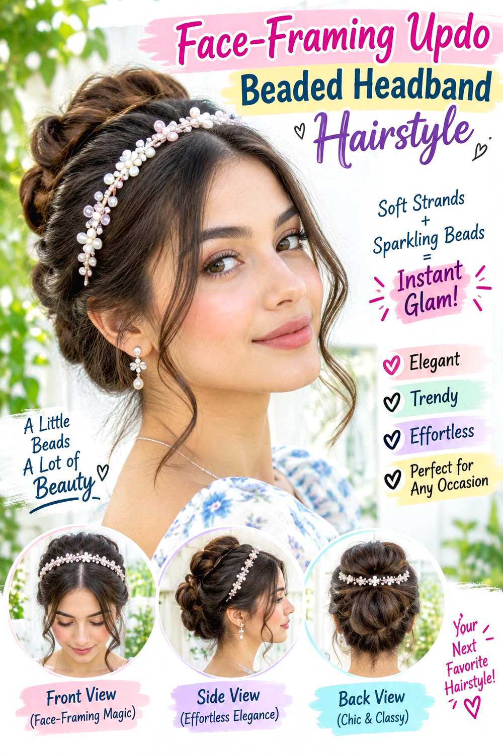 Face-Framing Updo Beaded Headband Hairstyle