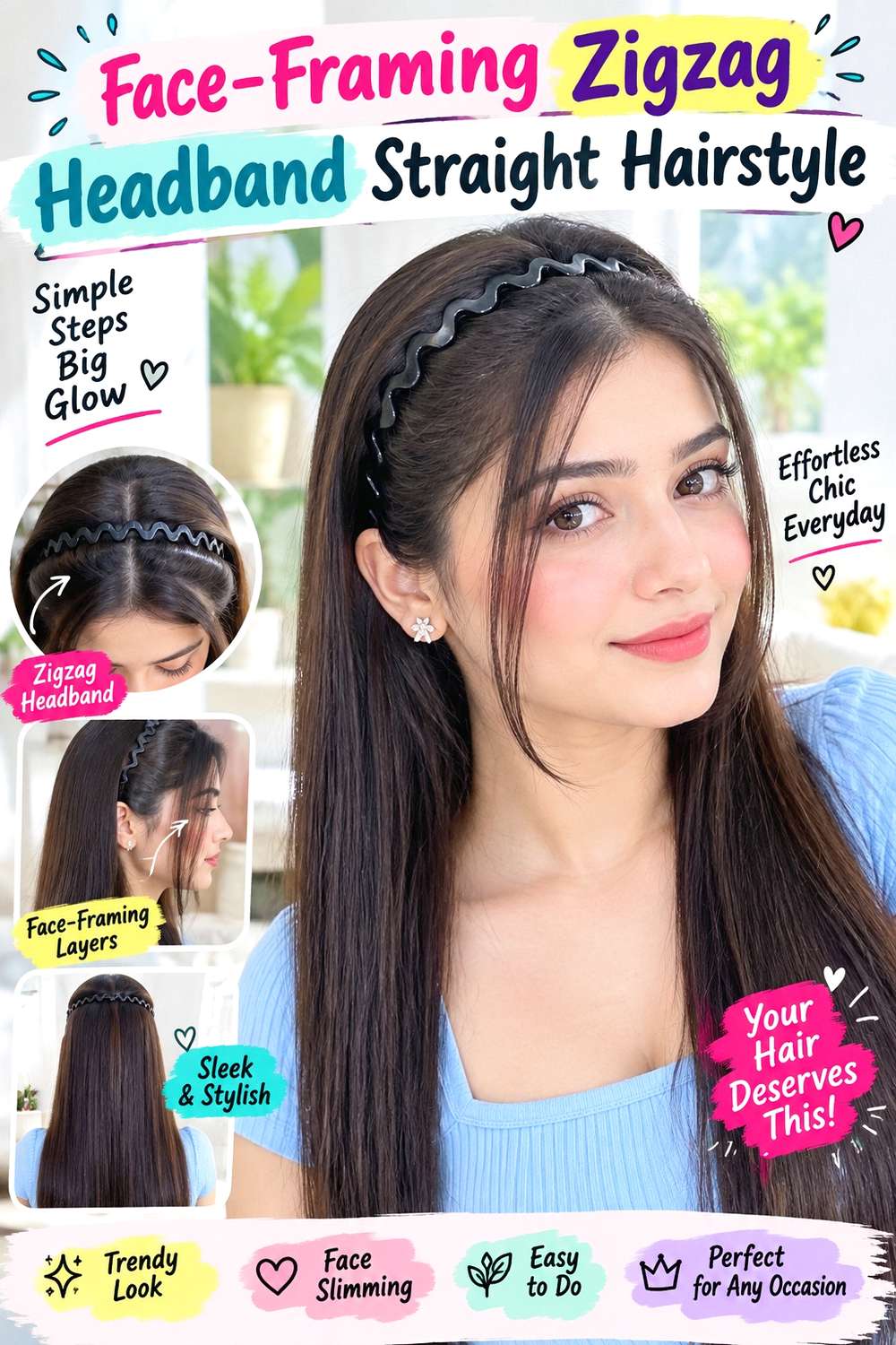 Face-Framing Zigzag Headband Straight Hairstyle