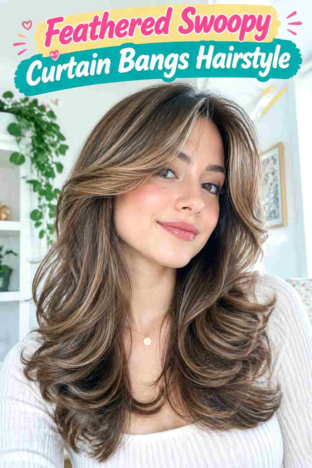 Feathered Swoopy Curtain Bangs Hairstyle