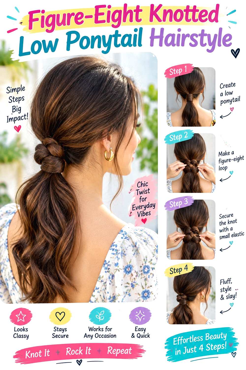 Figure-Eight Knotted Low Ponytail Hairstyle