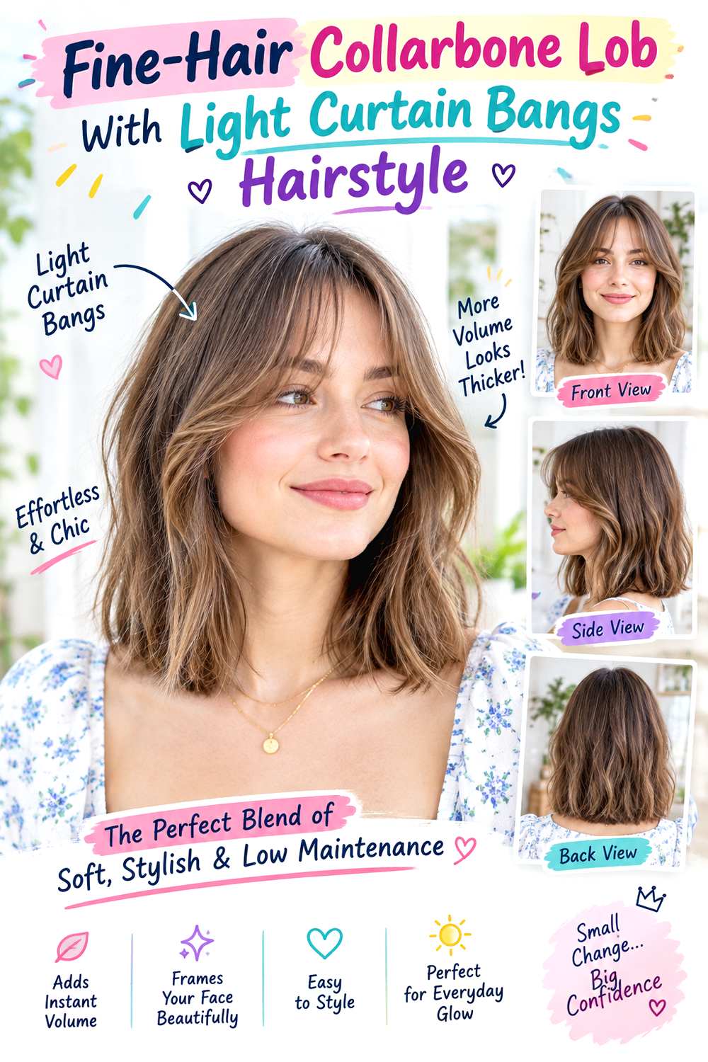 Fine-Hair Collarbone Lob With Light Curtain Bangs Hairstyle