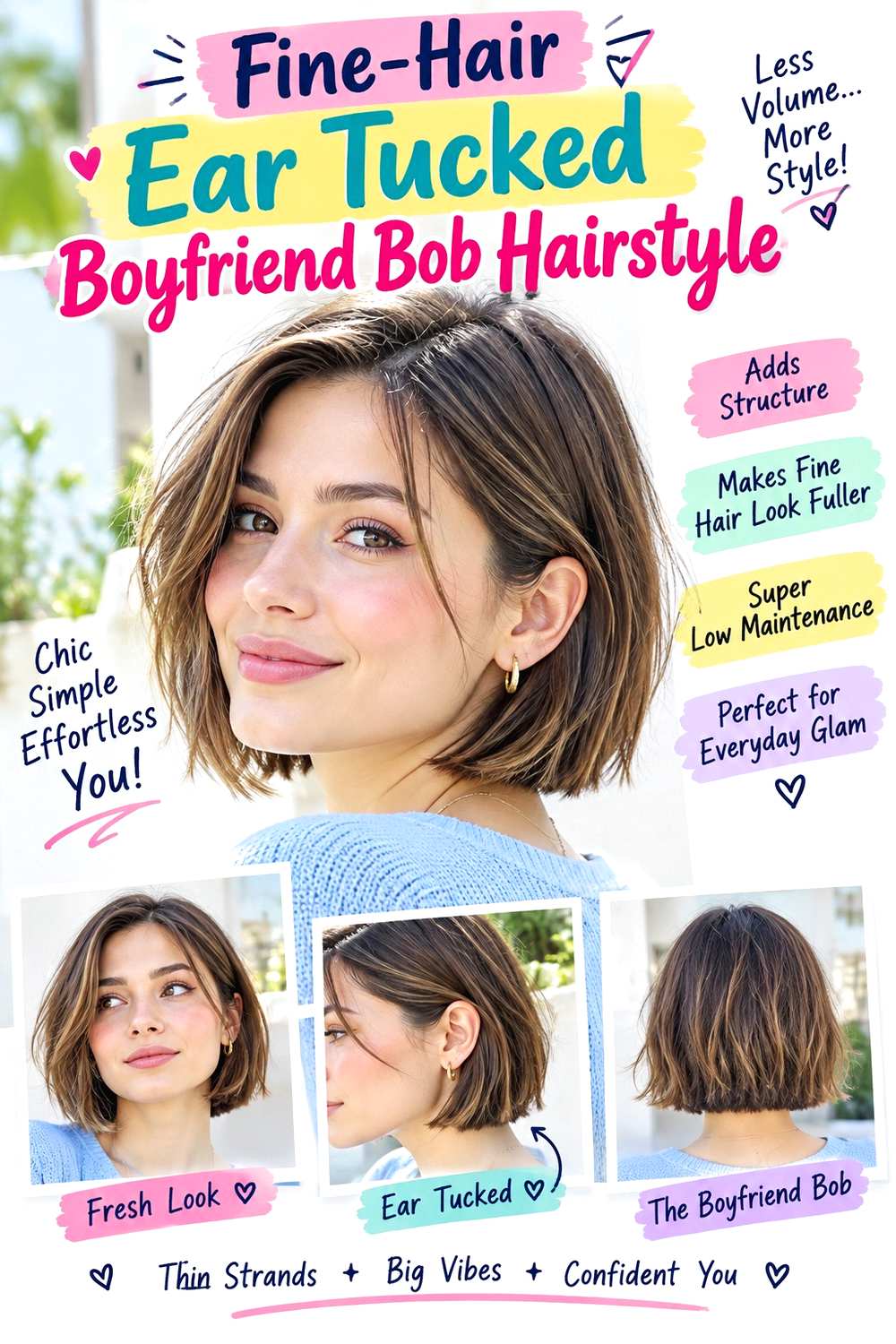 Fine-Hair Ear Tucked Boyfriend Bob Hairstyle