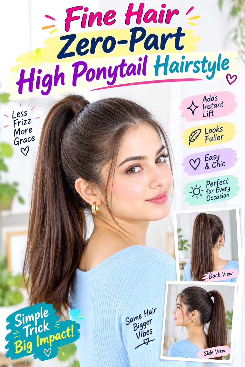 Fine Hair Zero-Part High Ponytail Hairstyle