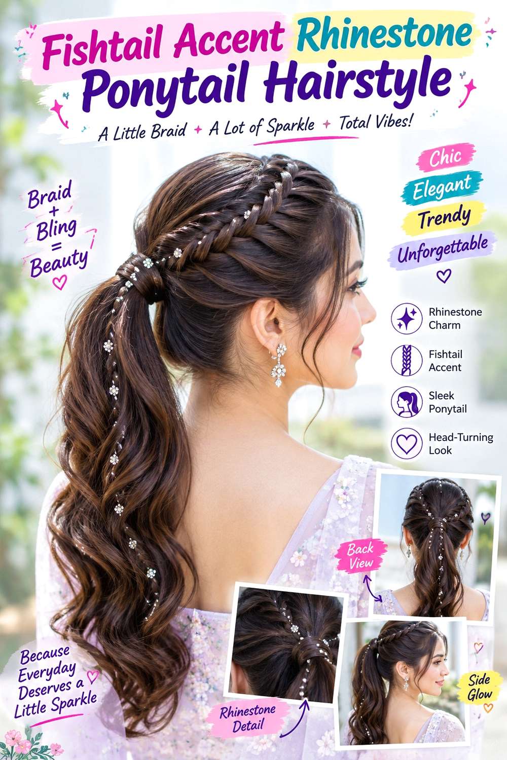 Fishtail Accent Rhinestone Ponytail Hairstyle