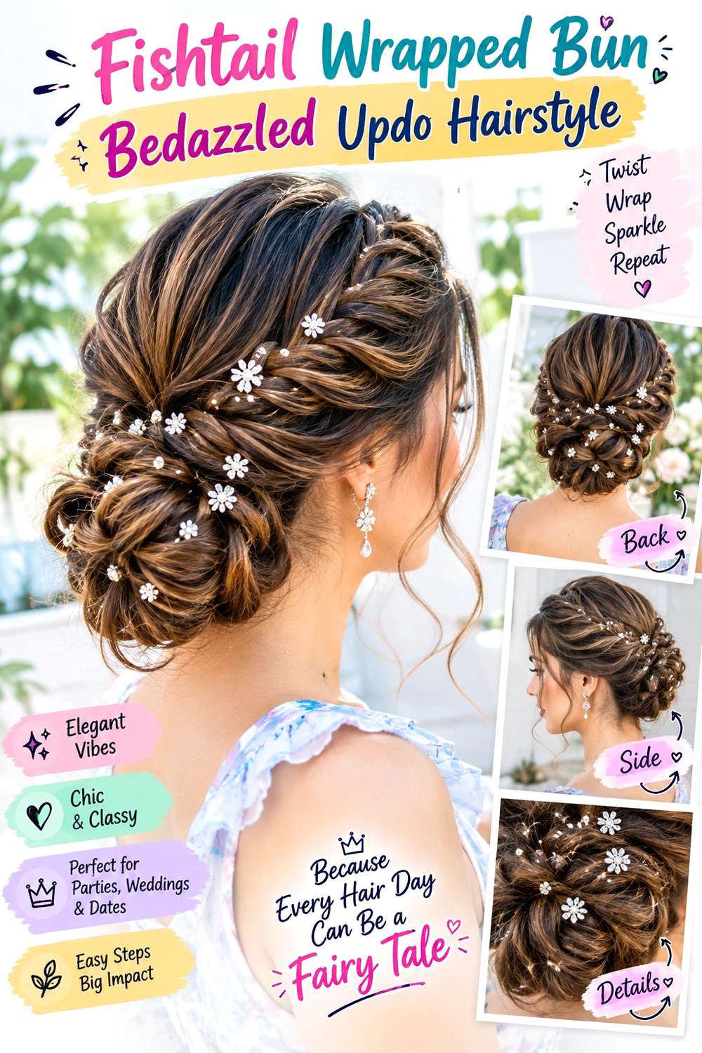 Fishtail Wrapped Bun Bedazzled Updo Hairstyle
