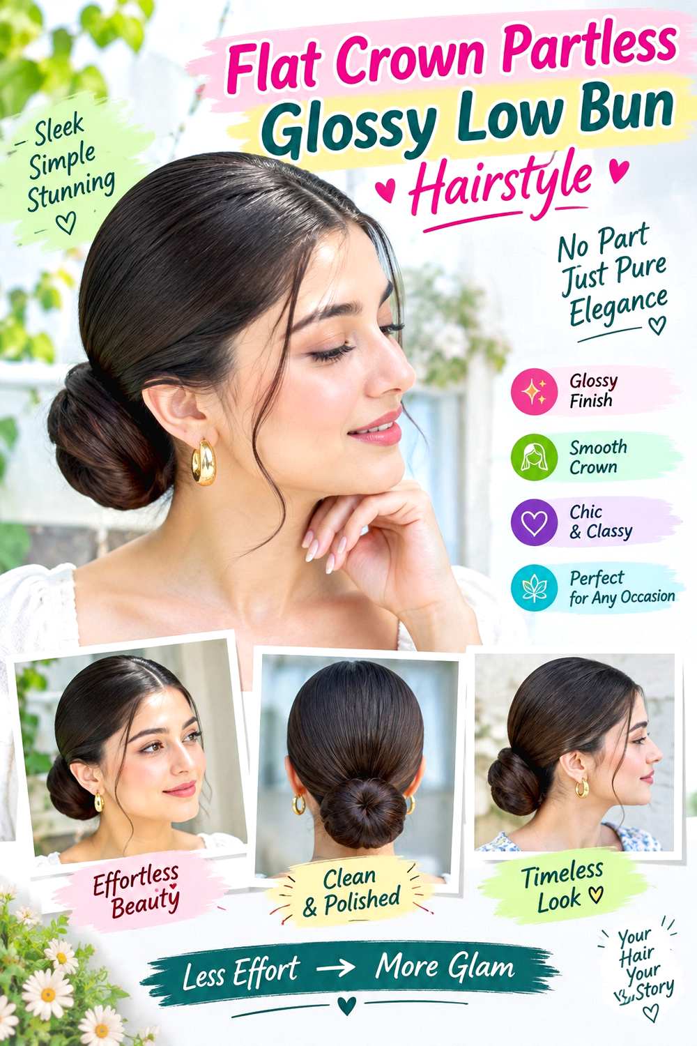 Flat Crown Partless Glossy Low Bun Hairstyle