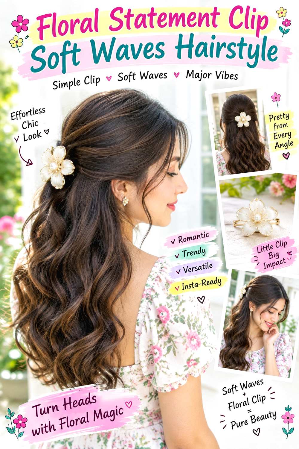 Floral Statement Clip Soft Waves Hairstyle