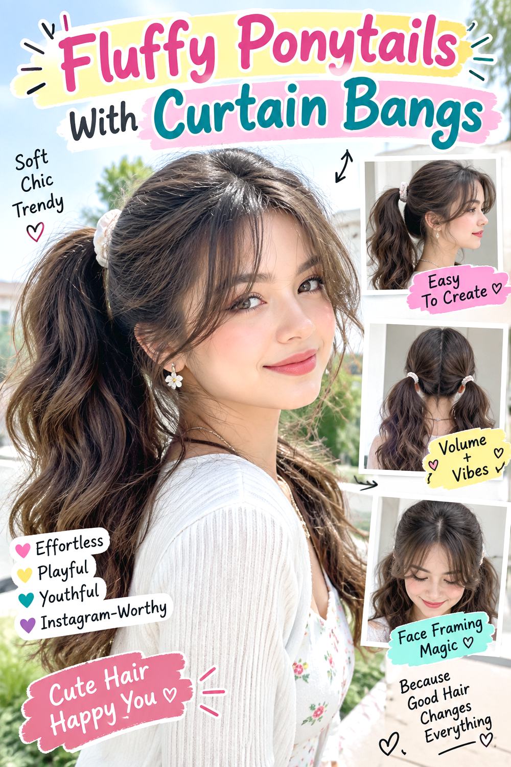 Fluffy Ponytails With Curtain Bangs Hairstyle
