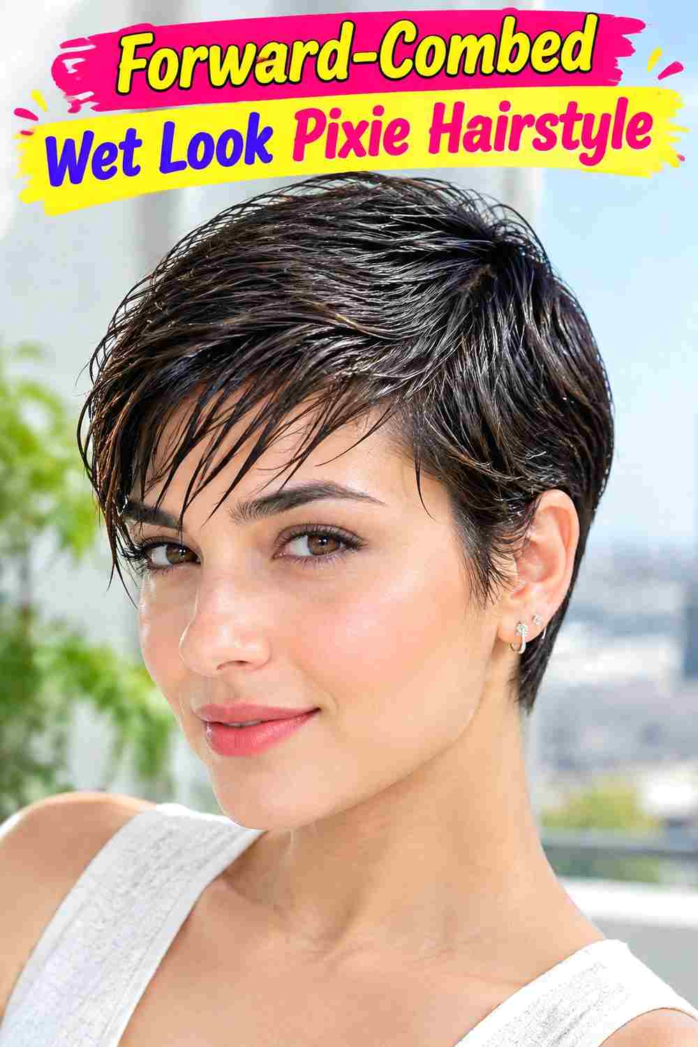 Forward-Combed Wet Look Pixie Hairstyle