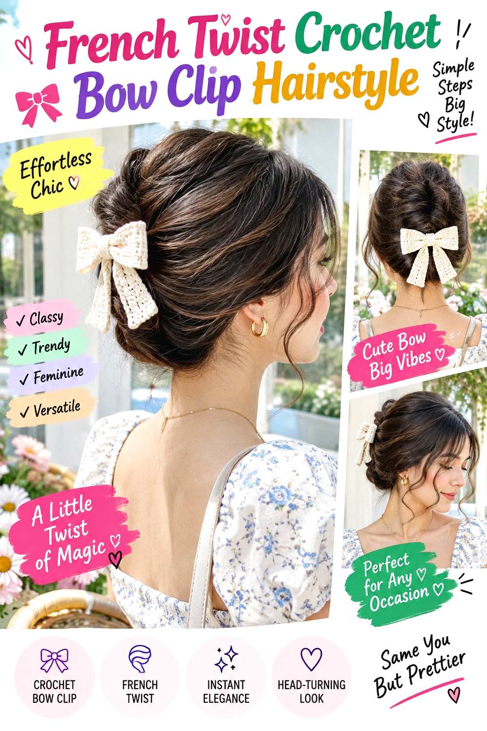 French Twist Crochet Bow Clip Hairstyle
