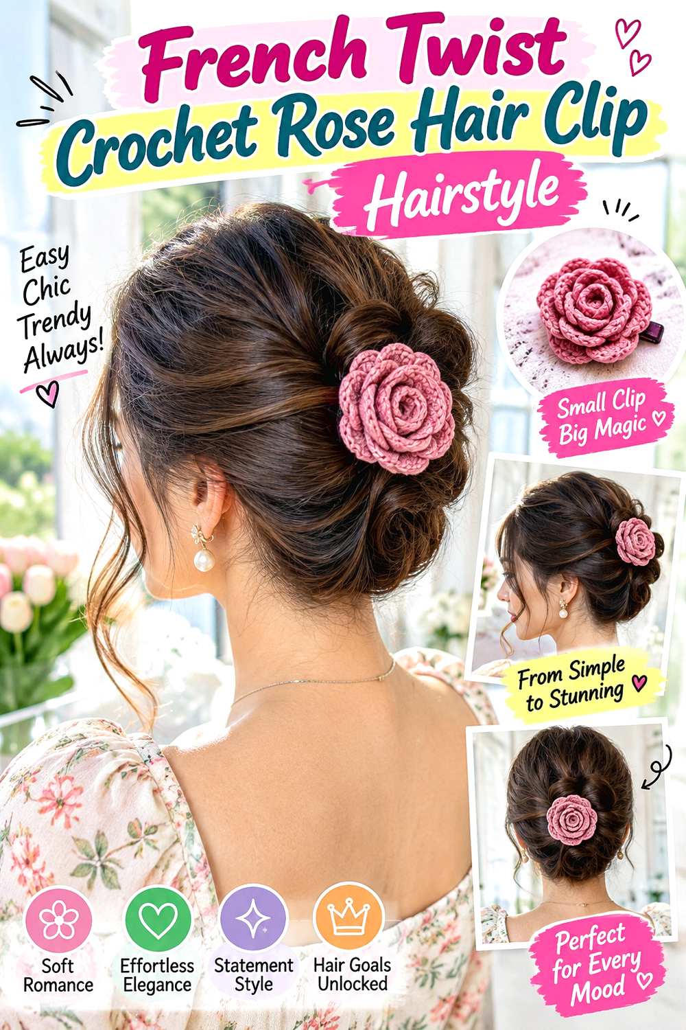 French Twist Crochet Rose Hair Clip Hairstyle