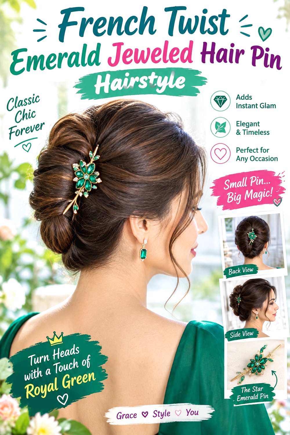 French Twist Emerald Jeweled Hair Pin Hairstyle
