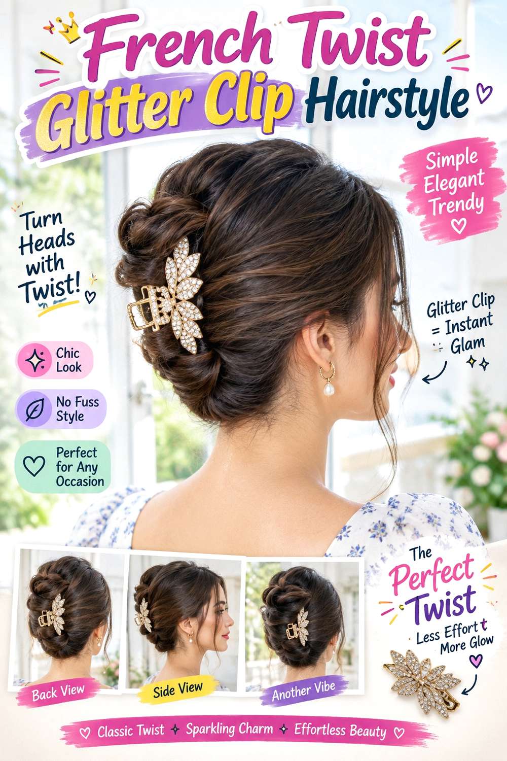 French Twist Glitter Clip Hairstyle