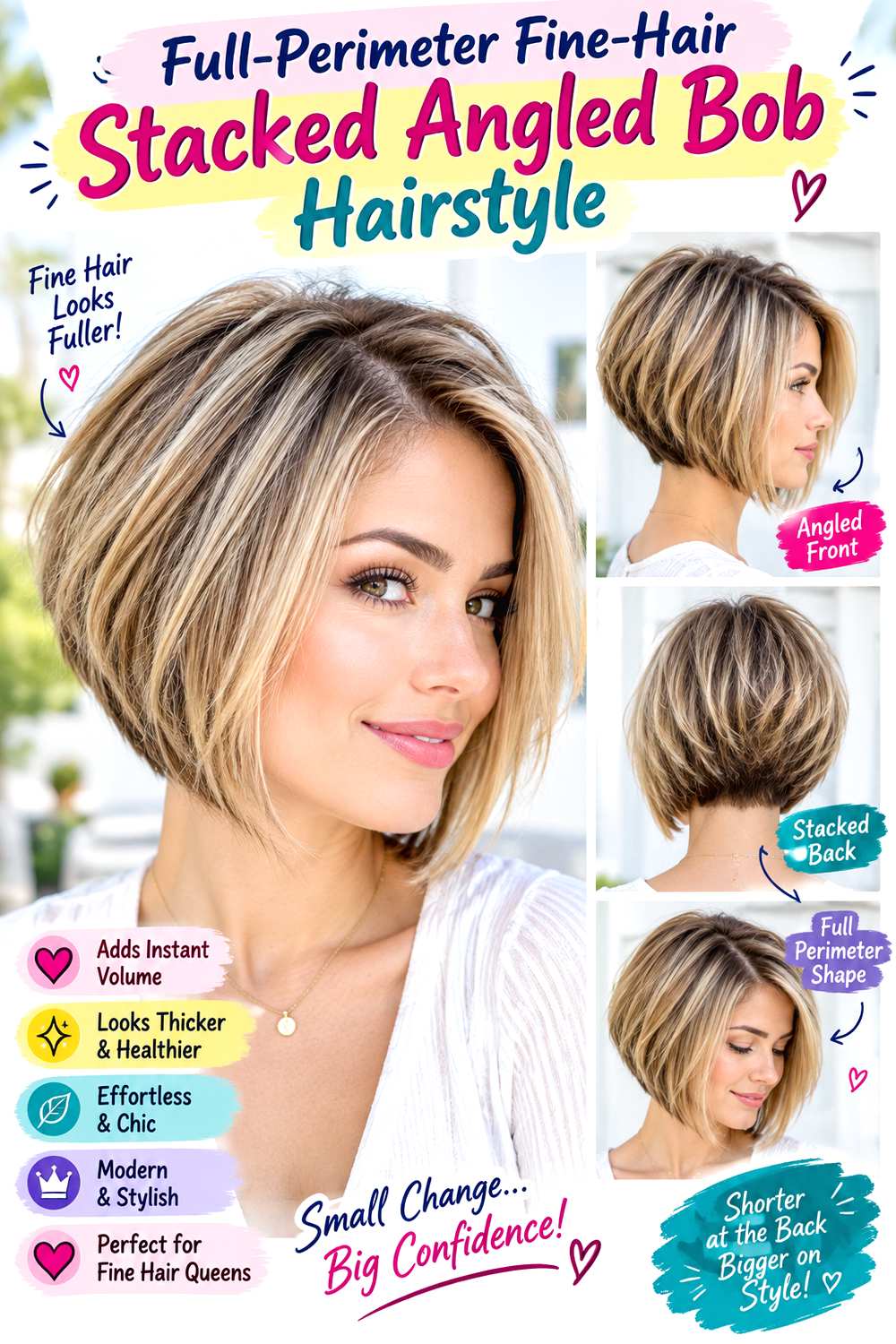 Full-Perimeter Fine-Hair Stacked Angled Bob Hairstyle