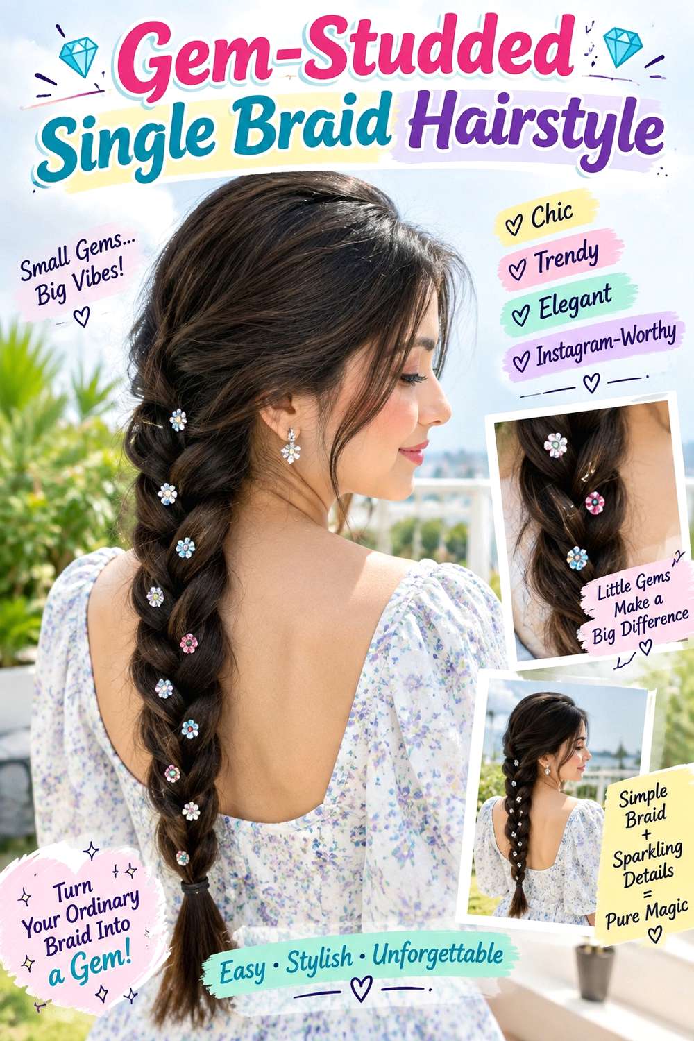 Gem-Studded Single Braid Hairstyle
