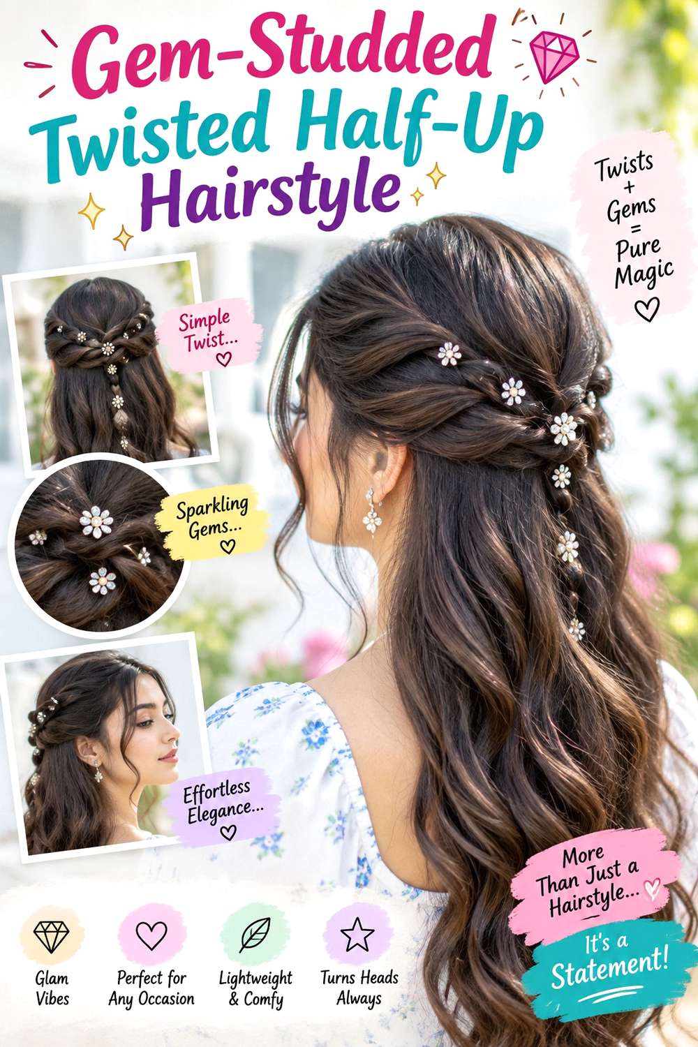 Gem-Studded Twisted Half-Up Hairstyle