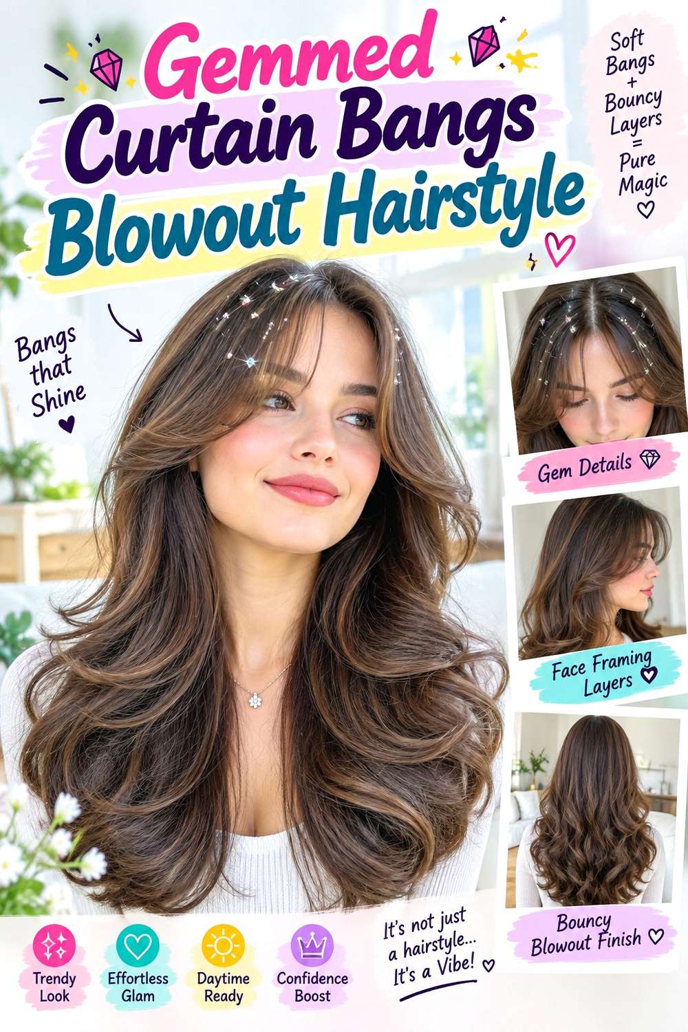 Gemmed Curtain Bangs Blowout Hairstyle