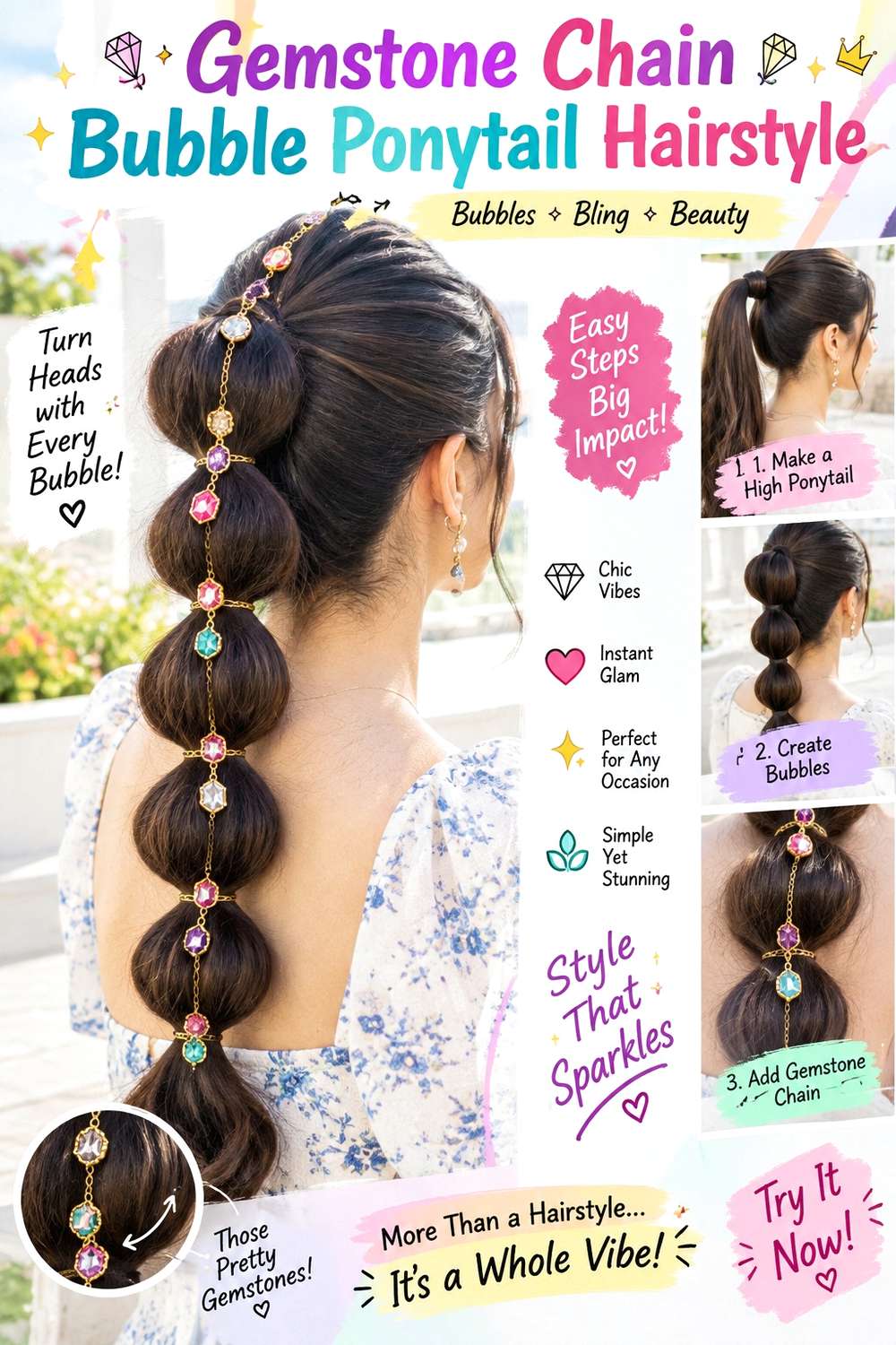 Gemstone Chain Bubble Ponytail Hairstyle