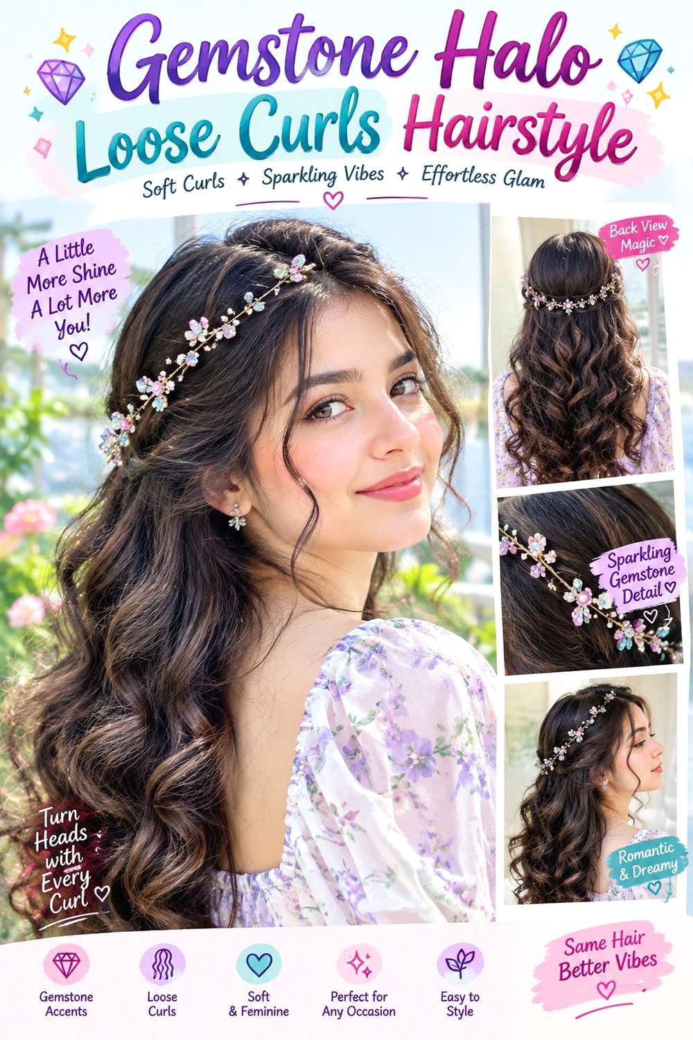 Gemstone Halo Loose Curls Hairstyle