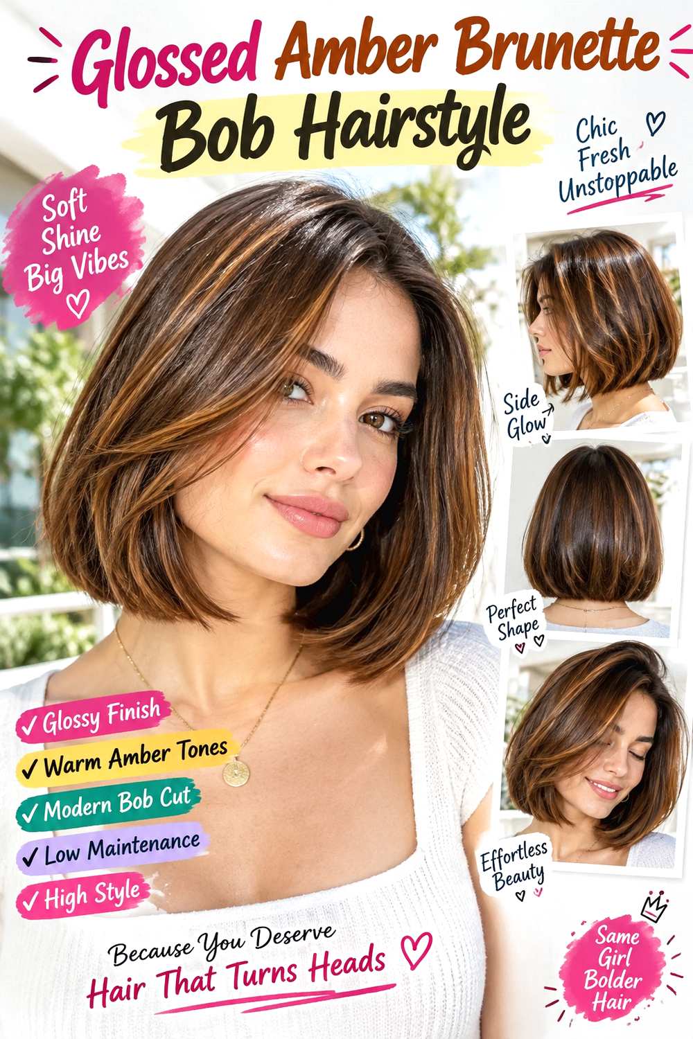 Glossed Amber Brunette Bob Hairstyle