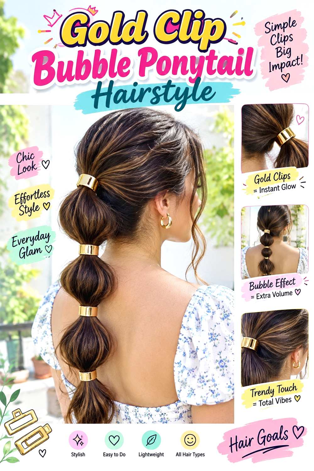 Gold Clip Bubble Ponytail Hairstyle
