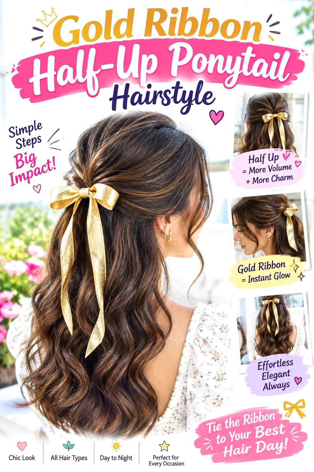 Gold Ribbon Half-Up Ponytail Hairstyle