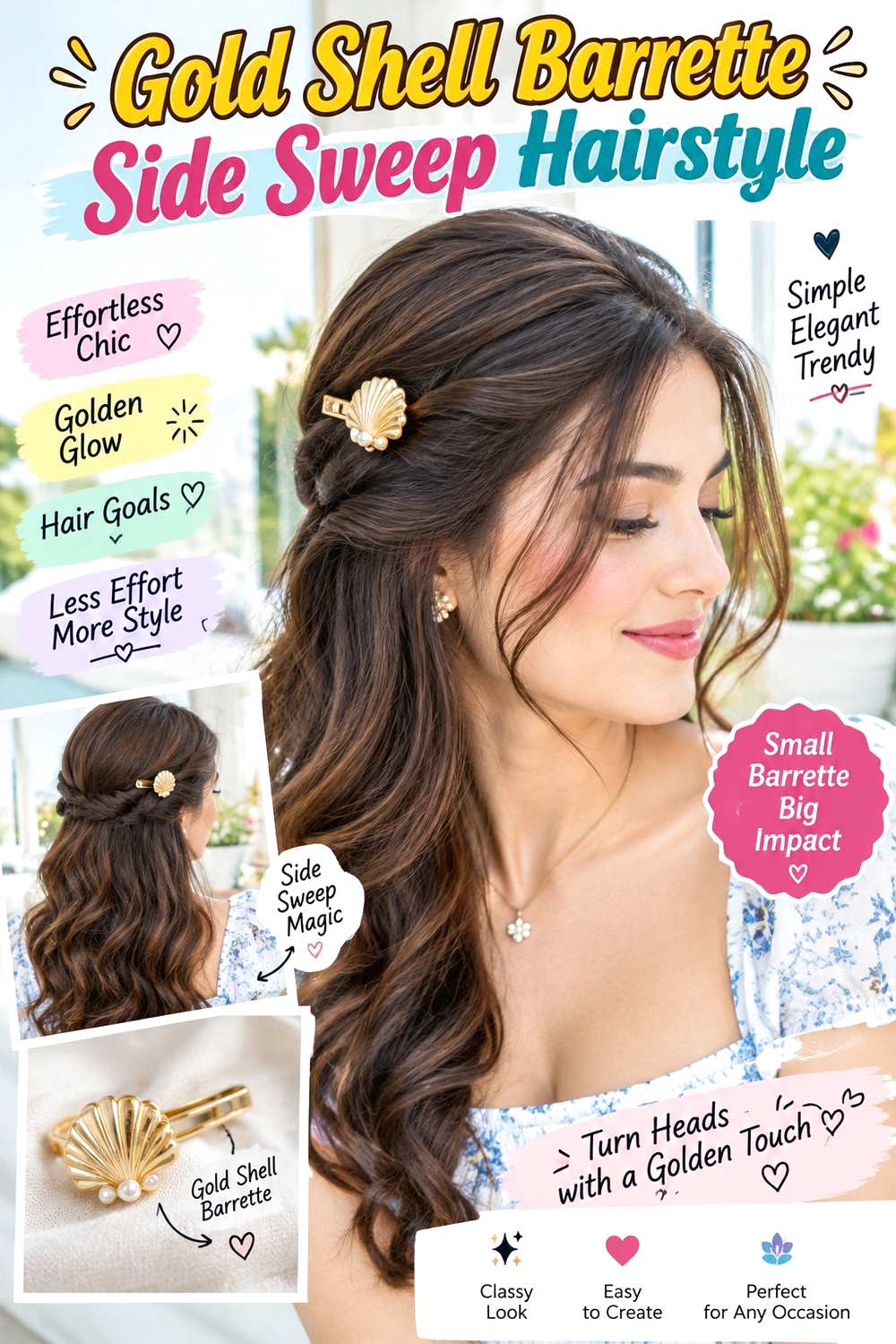 Gold Shell Barrette Side Sweep Hairstyle