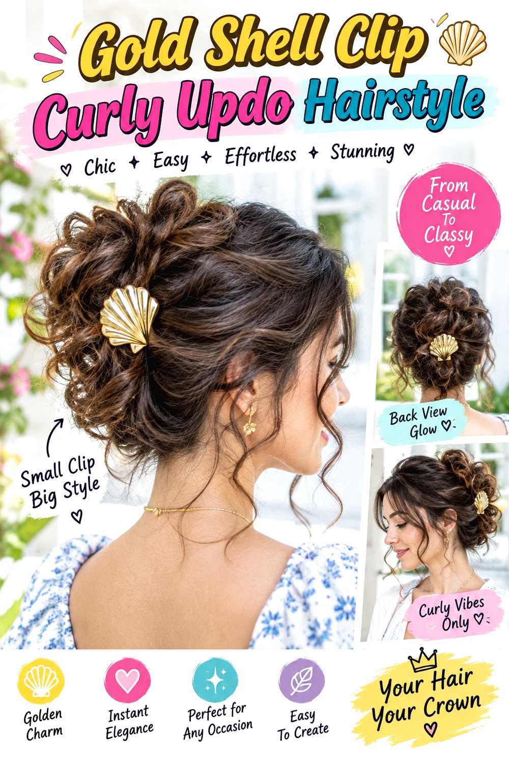 Gold Shell Clip Curly Updo Hairstyle