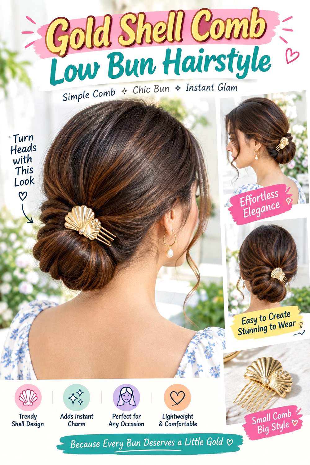 Gold Shell Comb Low Bun Hairstyle