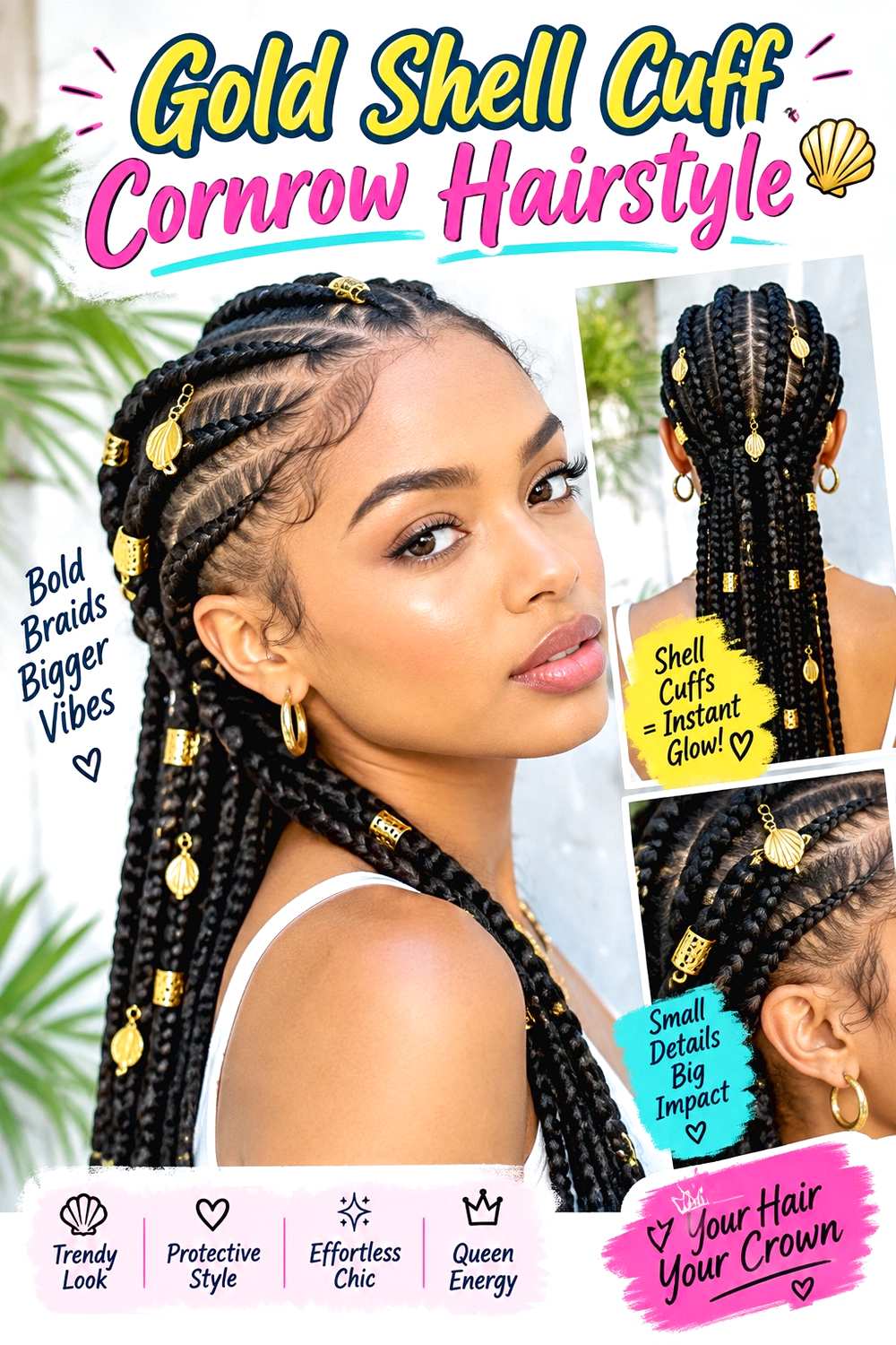 Gold Shell Cuff Cornrow Hairstyle