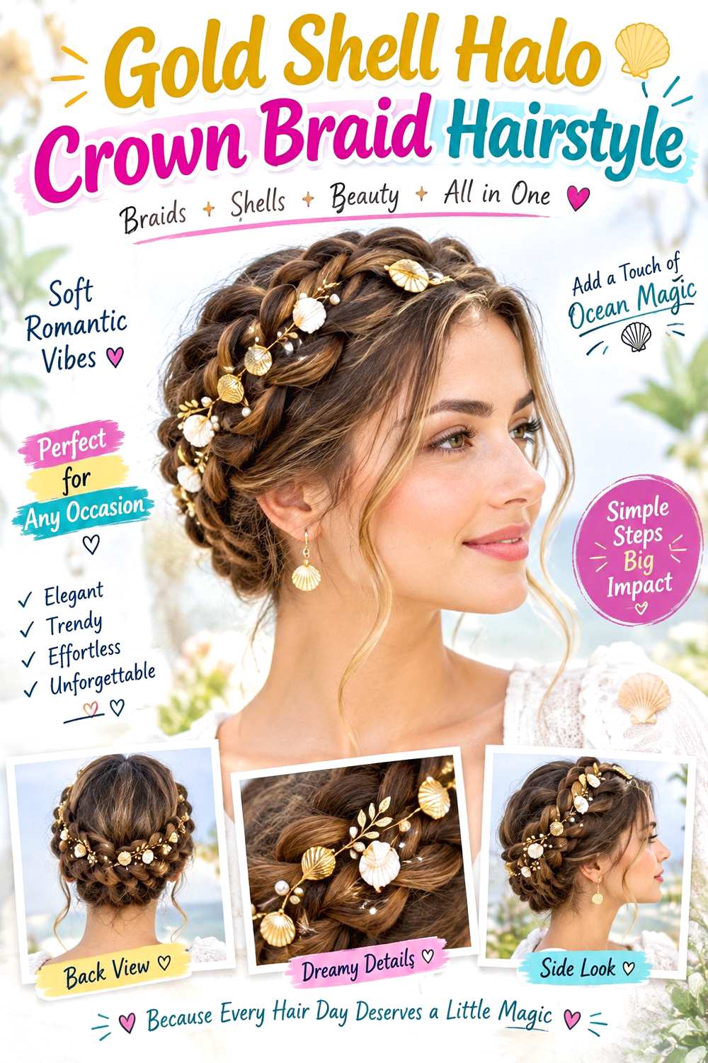 Gold Shell Halo Crown Braid Hairstyle