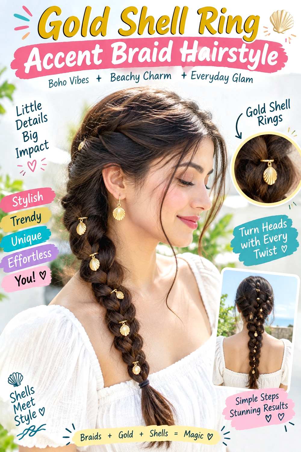 Gold Shell Ring Accent Braid Hairstyle